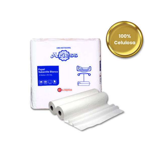 Papel Sabanilla Ariess Doble Hoja con Precorte 50 m x 8 rollos